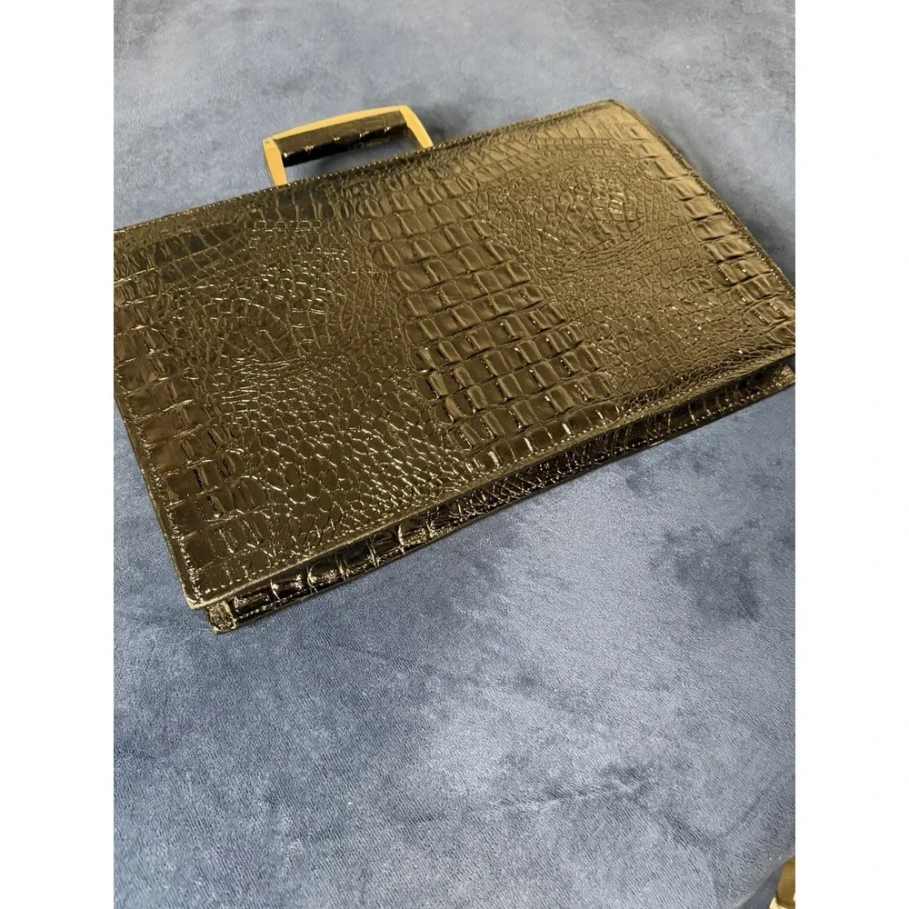 Vtg 1970s Swiss AMIET Leather Briefcase Alligator Embossed Black Genuine Leather